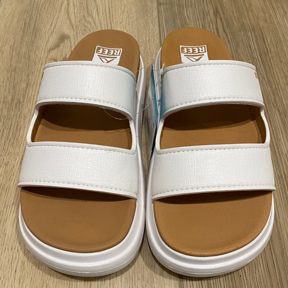 Reef White and Tan Cushion Slide Sandals